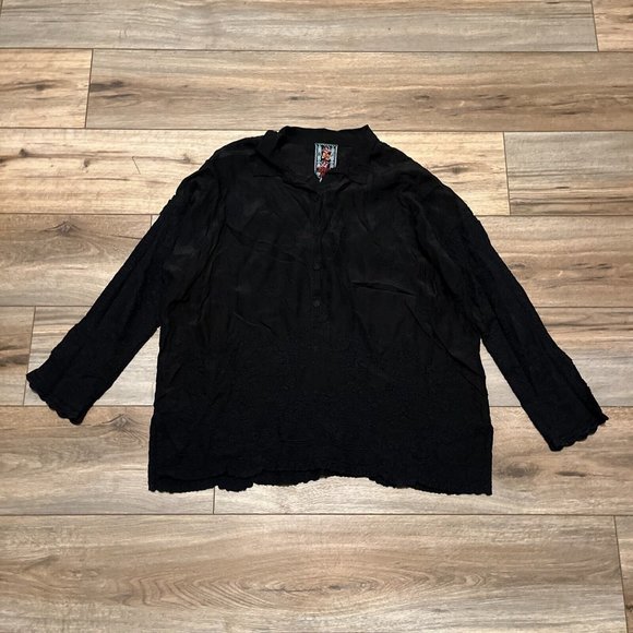 Johnny Was Antik Lace Collared Blouse SZ Small Long Sleeve Embroidered Black - Picture 1 of 14